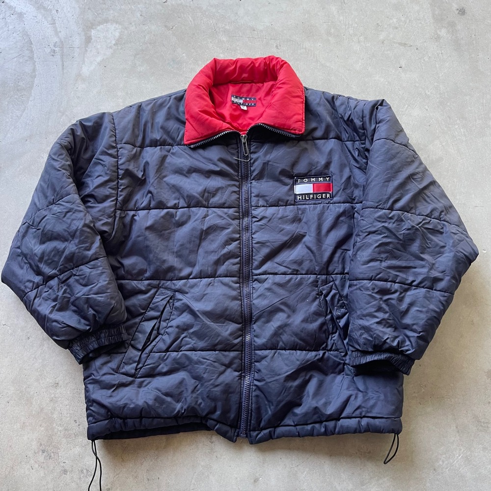Vintage Tommy Hilfiger Puffer‎ Jacket Blue Red Large 90s Flag Logo Distressed